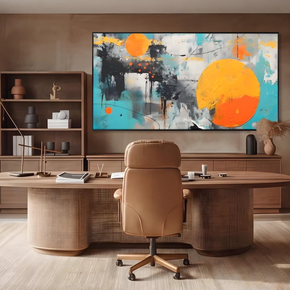 Tablou canvas cu tablou abstract cu discuri solare portocalii, in rama de aluminiu negru, pe perete intr-un birou